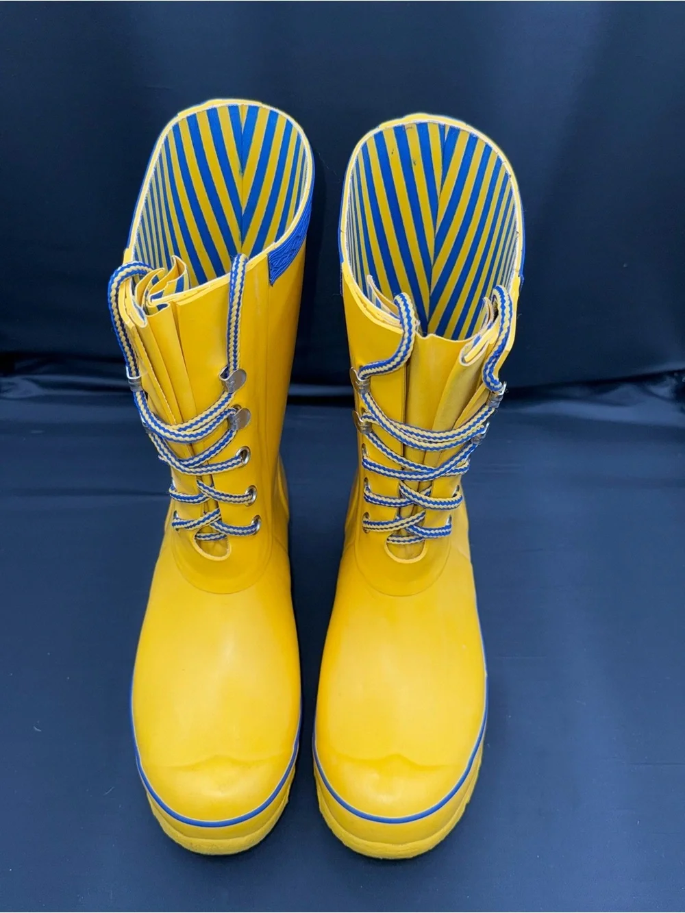 Hunter Kids Festival Lace Up Rain Boots Yellow Blue Stripe Size 4 Waterproof